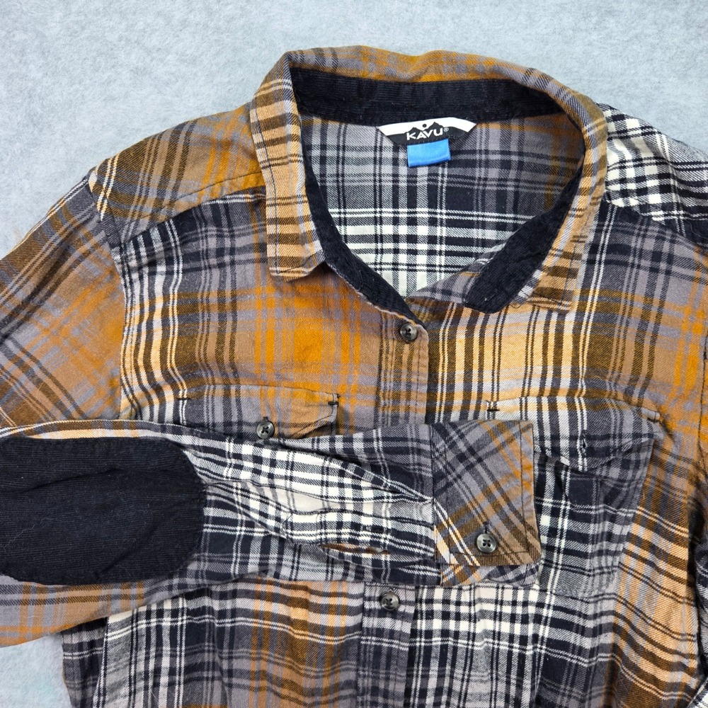KAVU Flannel Shirt Women Small Mustard Grey Plaid Corduroy Elbow Patches